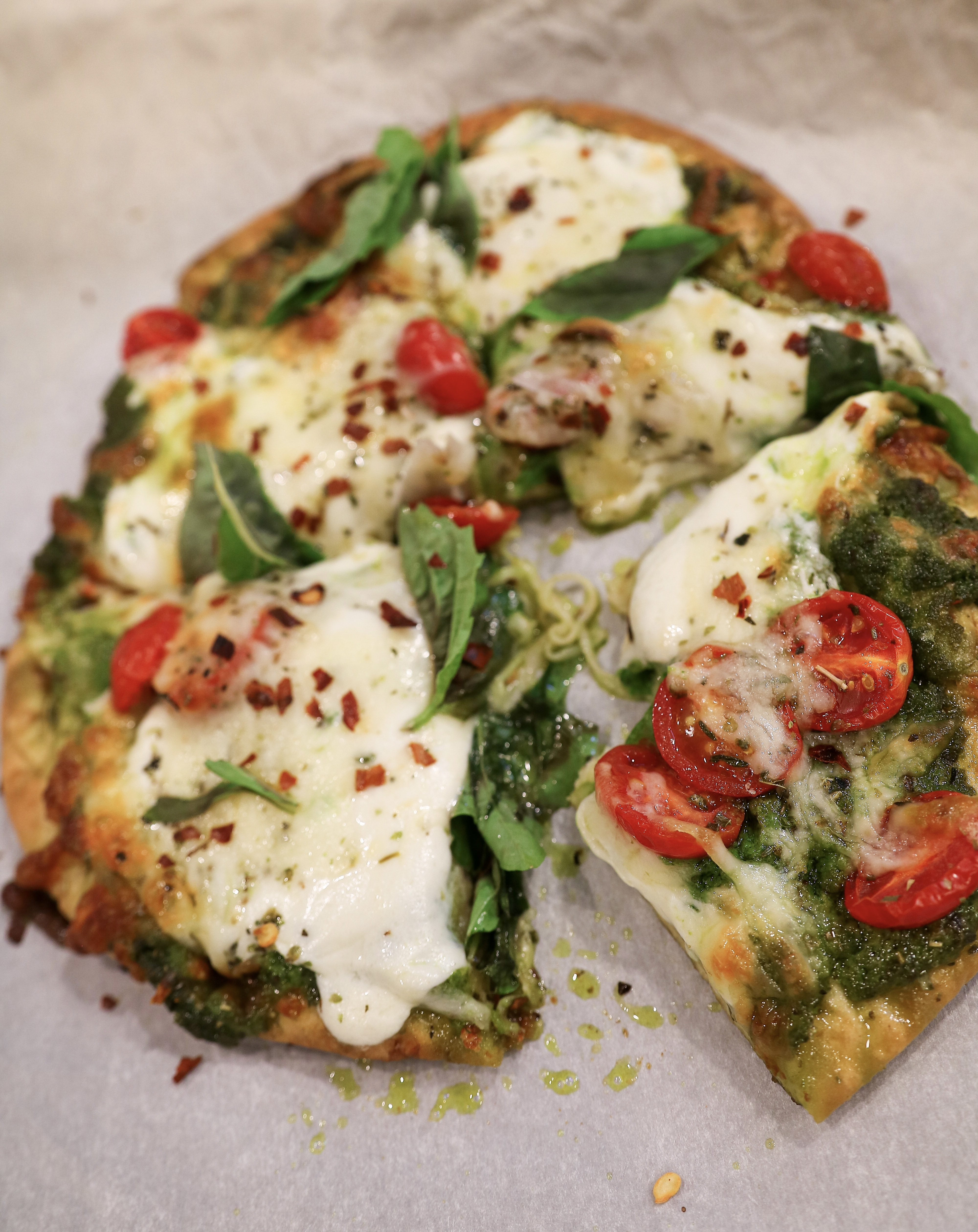 Easy Weeknight Pesto & Cherry Tomato Pizza