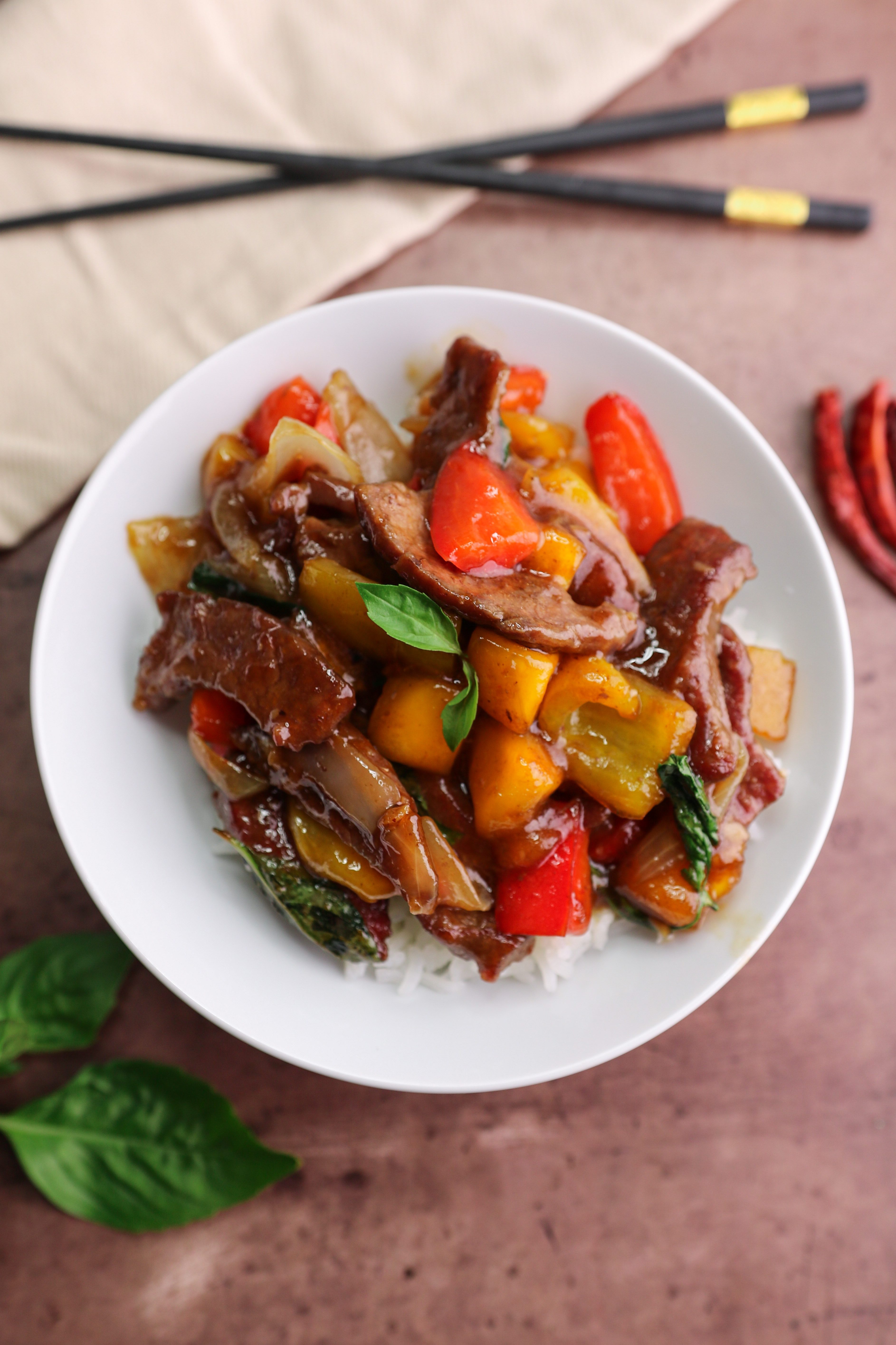 Crispy Mango Beef Stir Fry Bowls